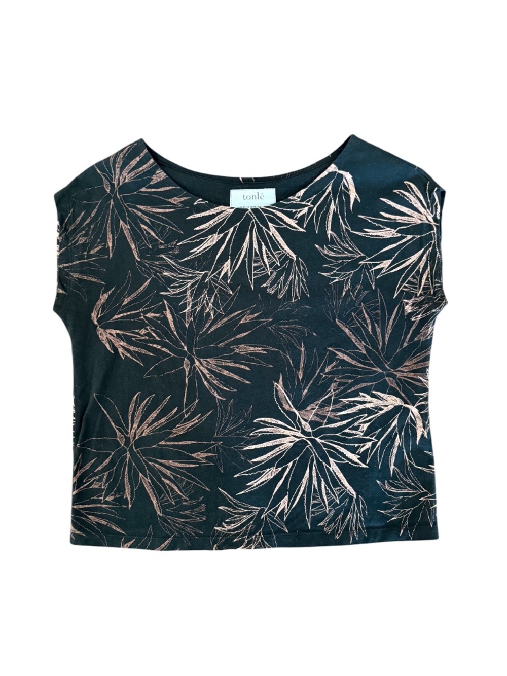 Tonlé Black Copper Leaf Print Boxy Crop Top Ethical Sustainable Minimalist XS